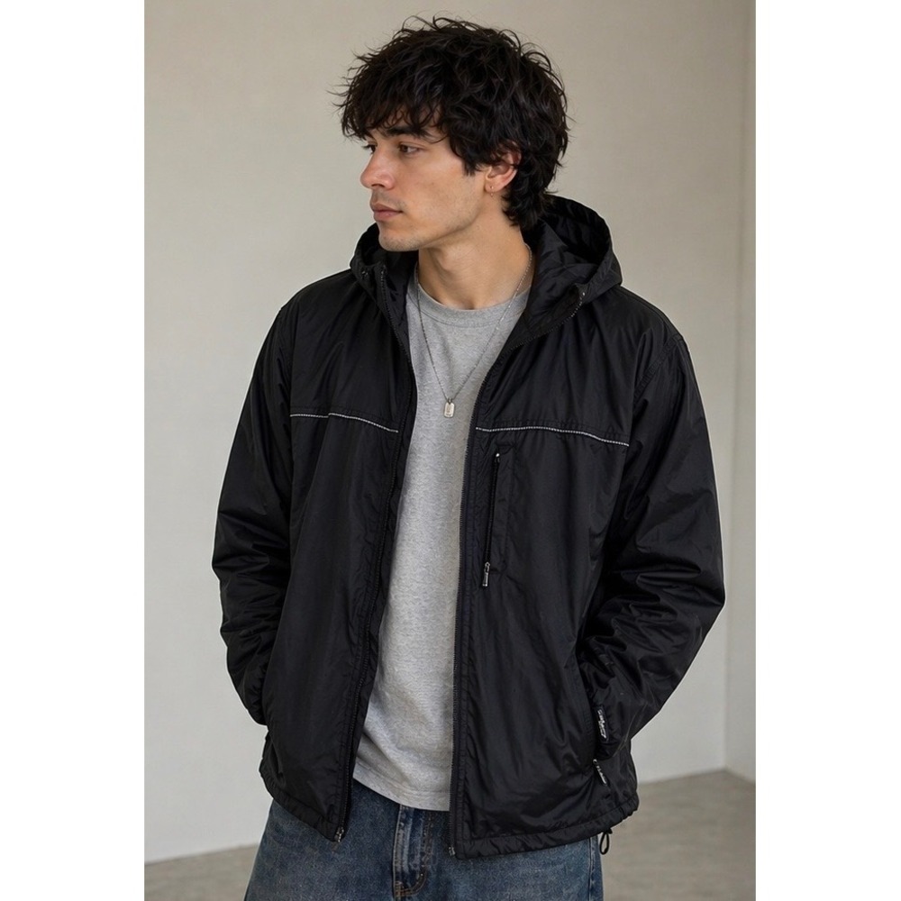Vintage Eddie Bauer Black Hooded Windbreaker 90's Jacket Coat Outdoor Sz XL Tall - Picture 1 of 13